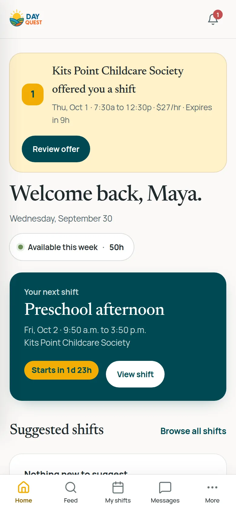 The DayQuest educator app: a shift offer from a centre and the educator's next confirmed shift.