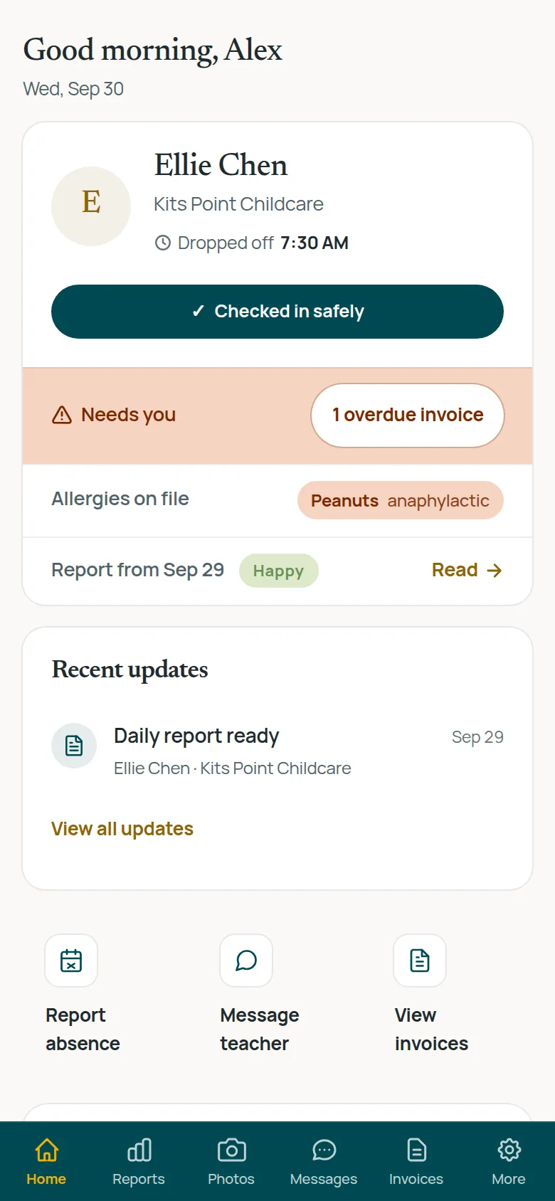 The DayQuest parent app: a child checked in at 7:30 AM, one overdue invoice, and a peanut allergy on file.